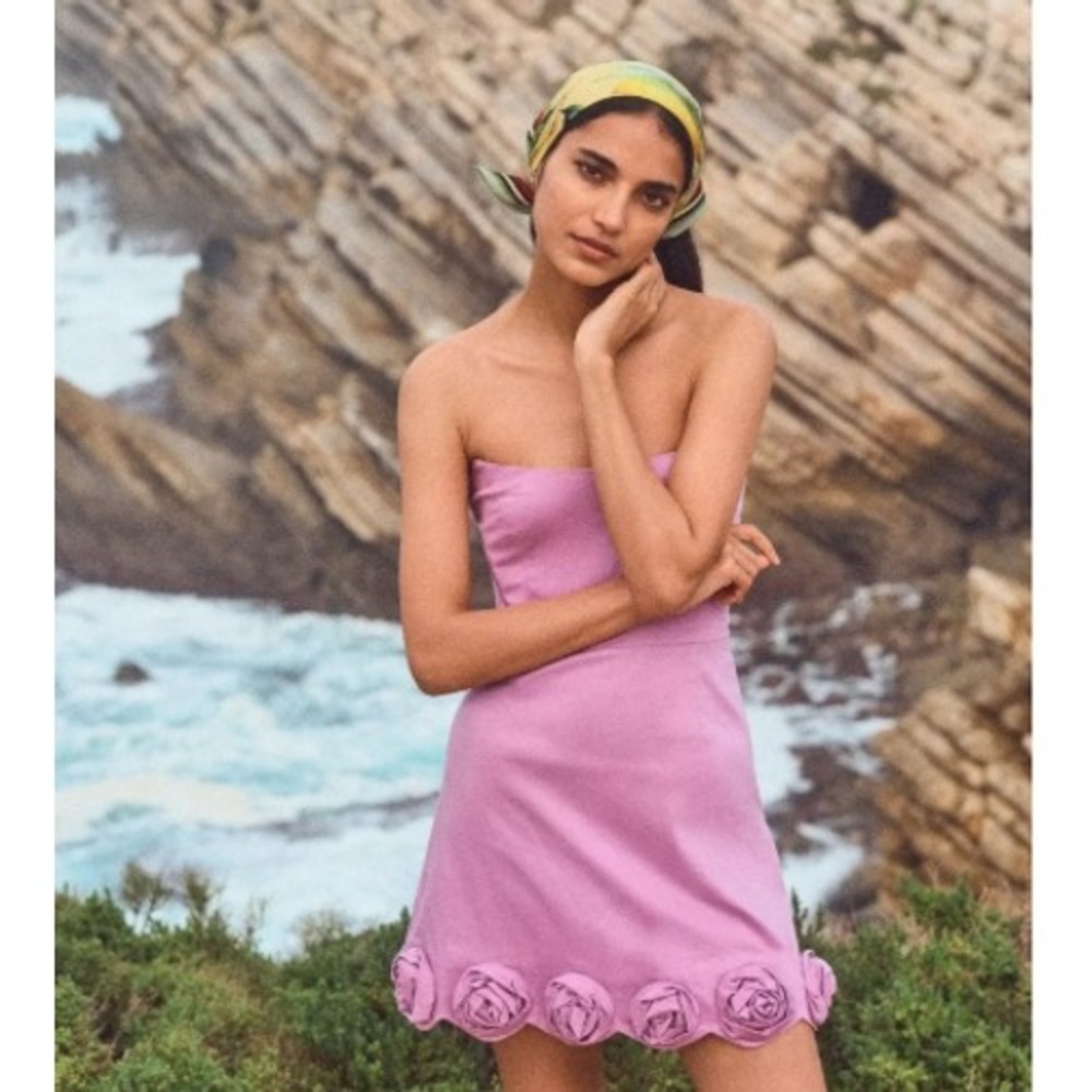 New w/ Tags Anthropologie Maeve Pink Rosette Trim Strapless Mini Dress Womens XL